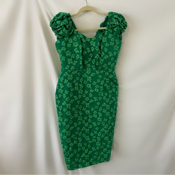 Vintage 60s handmade Kelly green floral 3D print puff sleeve dress unique - Picture 3 of 6